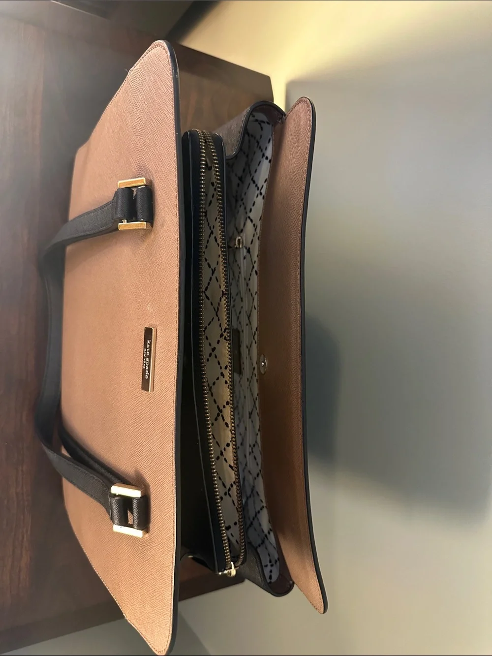 Kate Spade New York Taupe & Black Saffiano Leather Satchel Tote